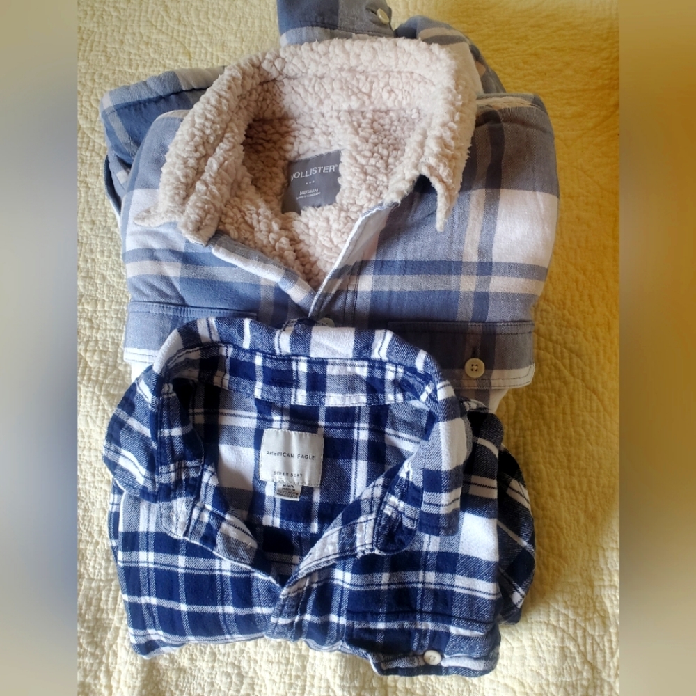Mens flannel Hollister sherpa lined jacket and AE flannel shirt